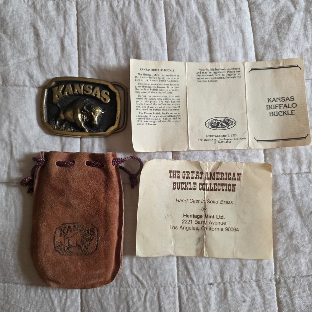 Heritage Mint Kansas Buffalo Belt Buckle Mens OS Brass w/Pouch Vintage Americana
